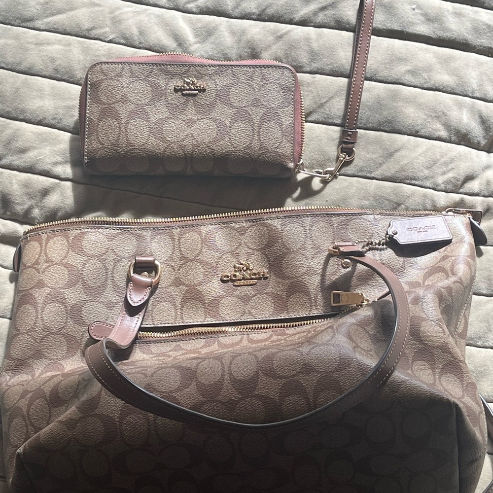 Coach Tan Signature Shoulder Bag and Wallet